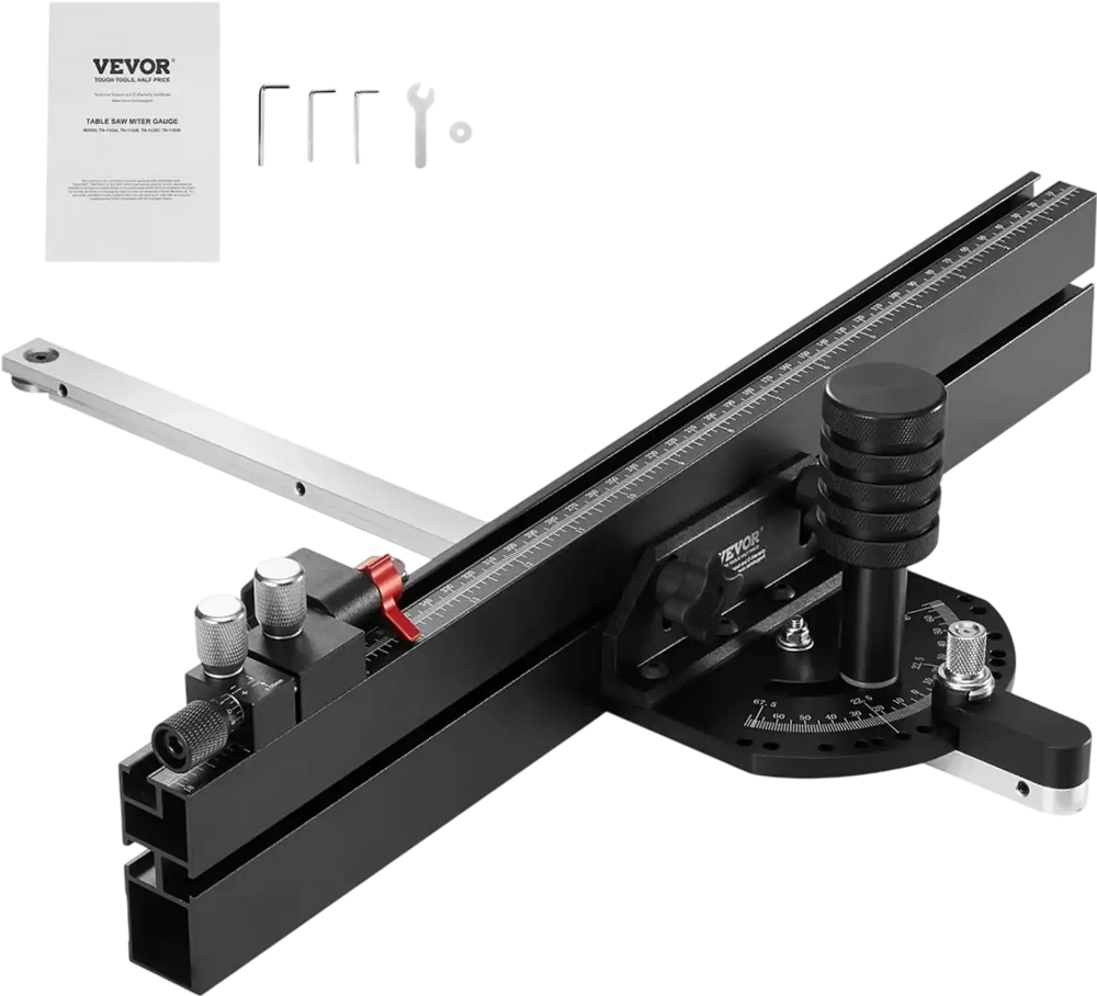 VEVOR Precision Miter Gauge, Standard Slot 3/4'' x 3/8'', Aluminum Alloy Table Saw Miter Gauge with 18 in Grating 15 Angle Stops Adjustable Spring Loaded Plunger and Removable Disc, for Woodworking