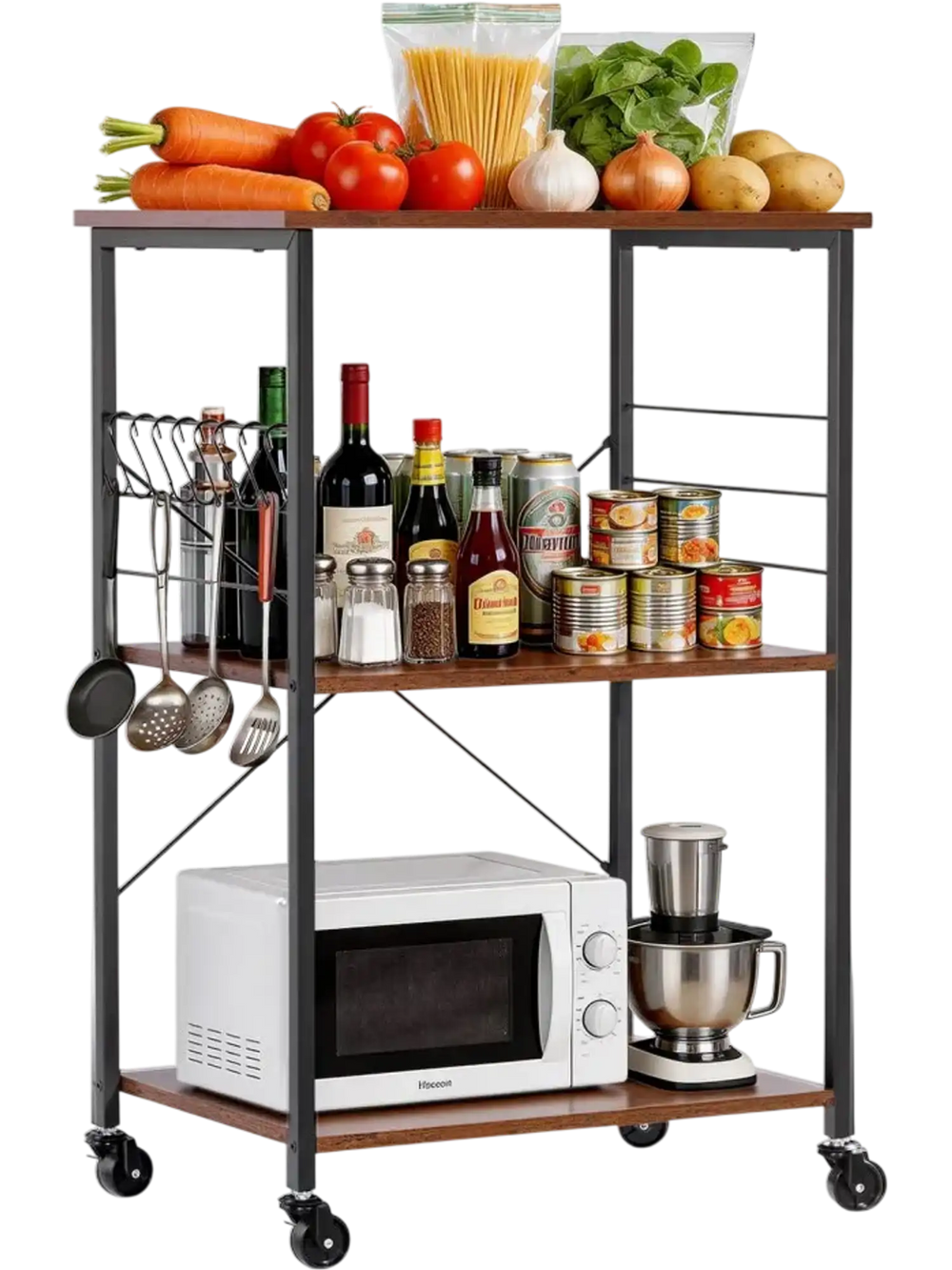 VEVOR Kitchen Utility Cart, 3 Tier 23.7 in Microwave Stand Coffee Cart, Heavy Duty Storage Rack, Service Trolley on Wheels, Industrial Rolling Work Table with 8 Hooks, for Mini Oven, Toaster, Vintage