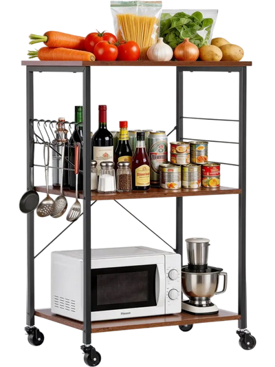 VEVOR Kitchen Utility Cart, 3 Tier 23.7 in Microwave Stand Coffee Cart, Heavy Duty Storage Rack, Service Trolley on Wheels, Industrial Rolling Work Table with 8 Hooks, for Mini Oven, Toaster, Vintage
