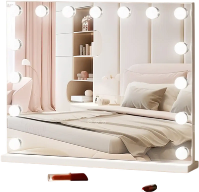 VEVOR Hollywood Vanity Mirror With Lights,15 Dimmable Bulbs &3 Color Lighting Modes, Makeup Mirror w/ Detachable 5X Magnification,USB Port,Smart Touch Control,Desktop Wall-mount(22.8x18.1 in, White)