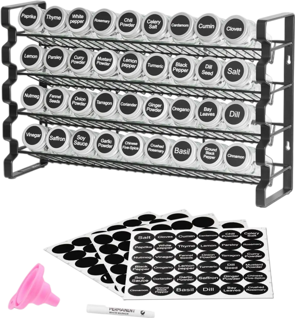VEVOR Spice Rack Organizer for Cabinet, Spice Organizer with 36 Empty Spice Jars, Lids, Spice Labels, and Funnel Complete Set, Seasoning Organizer for Countertop, Kitchen, Pantry, Cupboard, 18x11 in