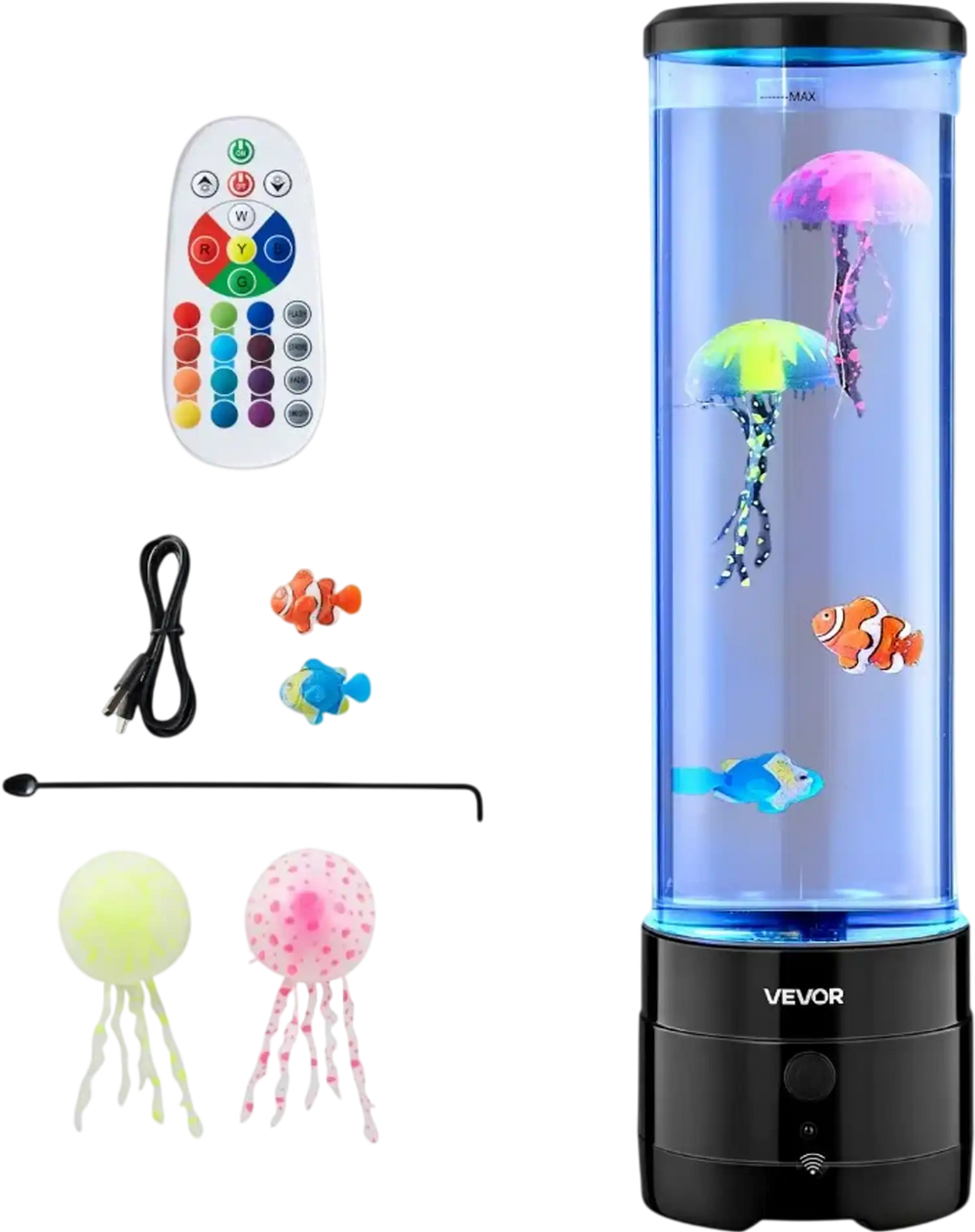 VEVOR Sensory Bubble Tube Lamp, 16 Color Changing Light Effects, Water Fish Lamp with Built-in Bluetooth Speaker & White Noise, Fake Aquarium Tank Night Light for Bedroom Living Room Home Decor