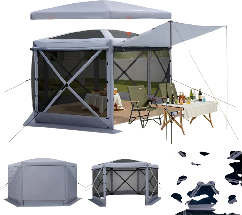 VEVOR Pop up Gazebo Screen Tent, 12 x 12 ft Large 6-Sided Camping Canopy Tent with Removable Top & Carry Bag, Quick-Set & Bite-Proof, Screen House Sun Shelter for 8-10 Persons Backyard Patio, Grey