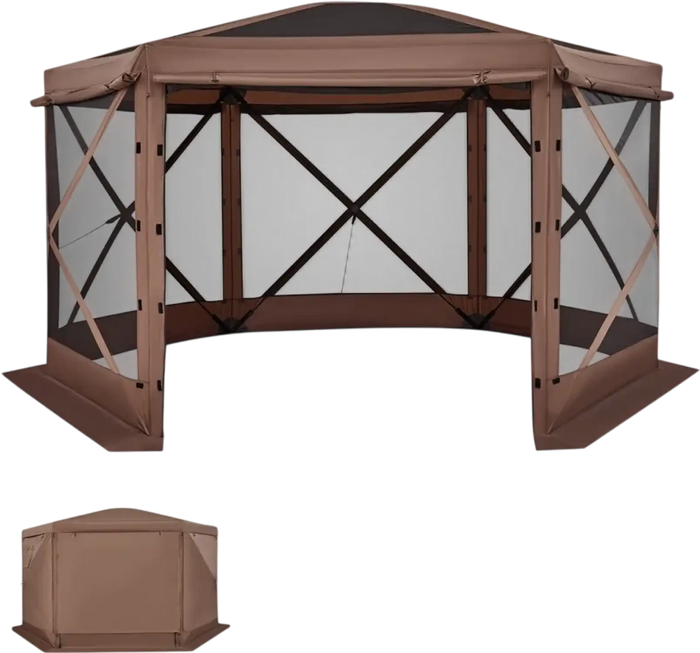 VEVOR Pop up Gazebo Screen Tent, 12 x 12 ft Large 6-Sided Camping Canopy Tent with Removable Top & Carry Bag, Quick-Set & Bite-Proof, Screen House Sun Shelter for 8-10 Persons Backyard Patio, Brown