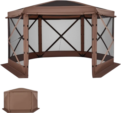 VEVOR Pop up Gazebo Screen Tent, 12 x 12 ft Large 6-Sided Camping Canopy Tent with Removable Top & Carry Bag, Quick-Set & Bite-Proof, Screen House Sun Shelter for 8-10 Persons Backyard Patio, Brown