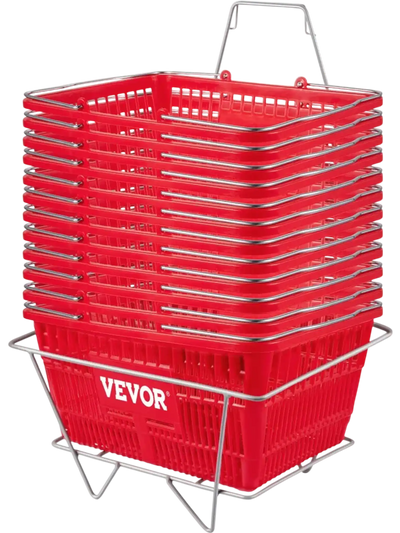 Vevor Shopping Baskets 12-Pack 21L Red with Handles and Stand New