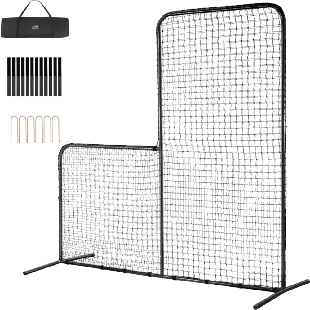VEVOR L Screen Baseball for Batting Cage, 7x7 ft Baseball Softball Safety Screen, Body Protector Portable Batting Screen with Carry Bag & Ground Stakes, Heavy Duty Pitching Net for Pitchers Protection