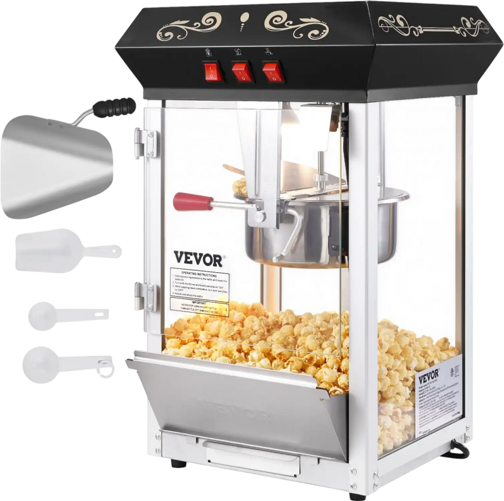 VEVOR Popcorn Maker, 850W Popcorn Popper Machine, 8 Oz Kettle Makes 48 Cups per Batch, Countertop Popcorn Maker with Tempered Glass, Includes 4 Scoops, Movie Theater Style, Black