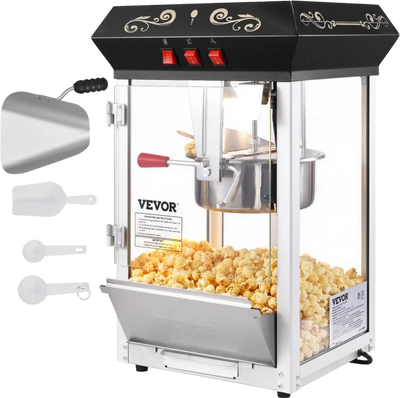 VEVOR Popcorn Maker, 850W Popcorn Popper Machine, 8 Oz Kettle Makes 48 Cups per Batch, Countertop Popcorn Maker with Tempered Glass, Includes 4 Scoops, Movie Theater Style, Black