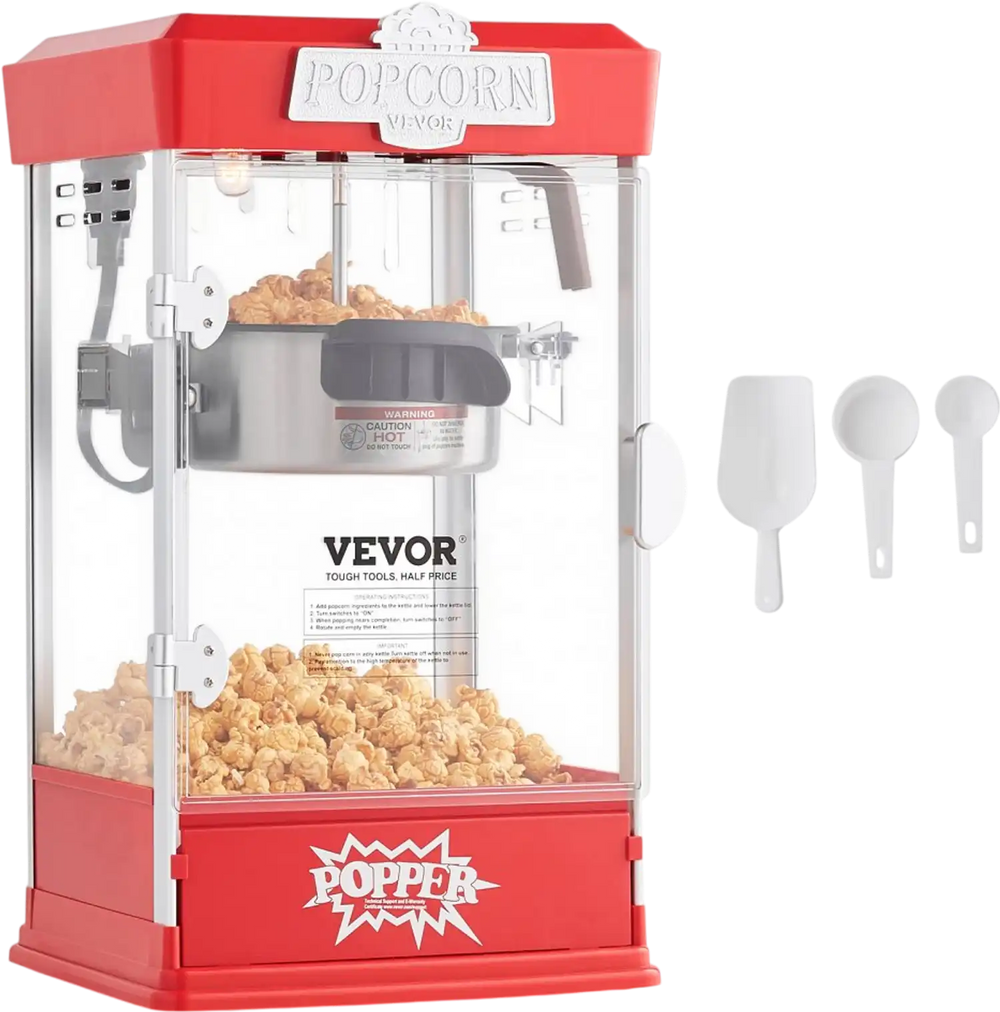 VEVOR Popcorn Maker, 480W Popcorn Popper Machine, 4 Oz Kettle Makes 1.5 Gallon per Batch, Tabletop Popcorn Maker, Includes 3 Scoops, Movie Theater Style, Red