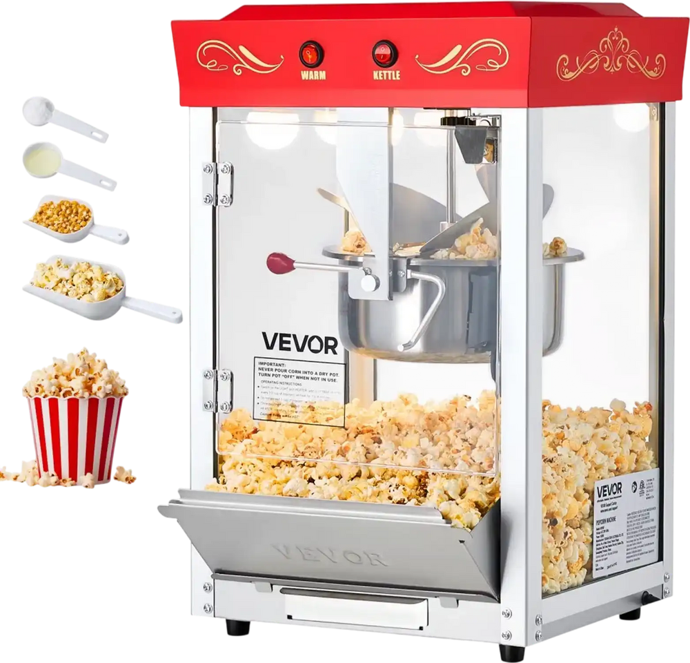 VEVOR Popcorn Machine, 8oz Stainless Steel Kettle, 800W Commercial Countertop Popcorn Maker, 48 Cups per Batch Theater Style Popper, with 2-Button Control Glass Wall PC Door 1 Scoop 3 Spoons, Red