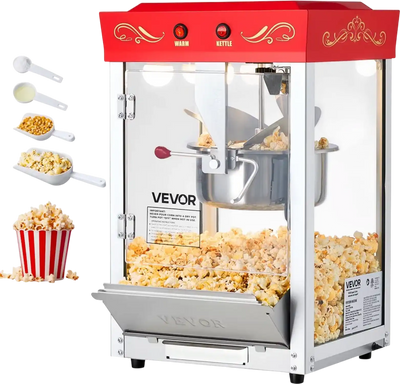 VEVOR Popcorn Machine, 8oz Stainless Steel Kettle, 800W Commercial Countertop Popcorn Maker, 48 Cups per Batch Theater Style Popper, with 2-Button Control Glass Wall PC Door 1 Scoop 3 Spoons, Red