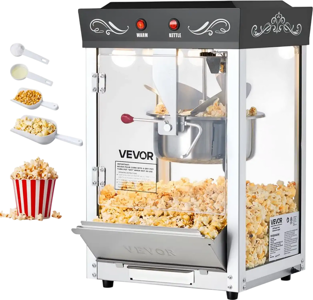 VEVOR Popcorn Machine, 8oz Stainless Steel Kettle, 800W Commercial Countertop Popcorn Maker, 48 Cups per Batch Theater Style Popper, with 2-Button Control Glass Wall PC Door 1 Scoop 3 Spoons, Black
