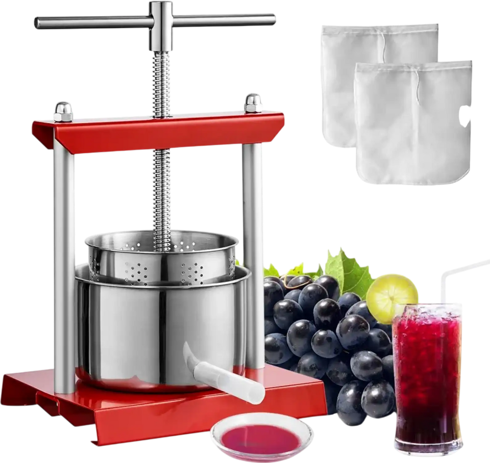 VEVOR Fruit Wine Press, 0.88 Gallon/3.36L, 2 Stainless Steel Barrels, Manual Juice Maker, Cider Apple Grape Tincture Vegetables Honey Olive Oil Making Press with T-Handle for Outdoor, Kitchen and Home