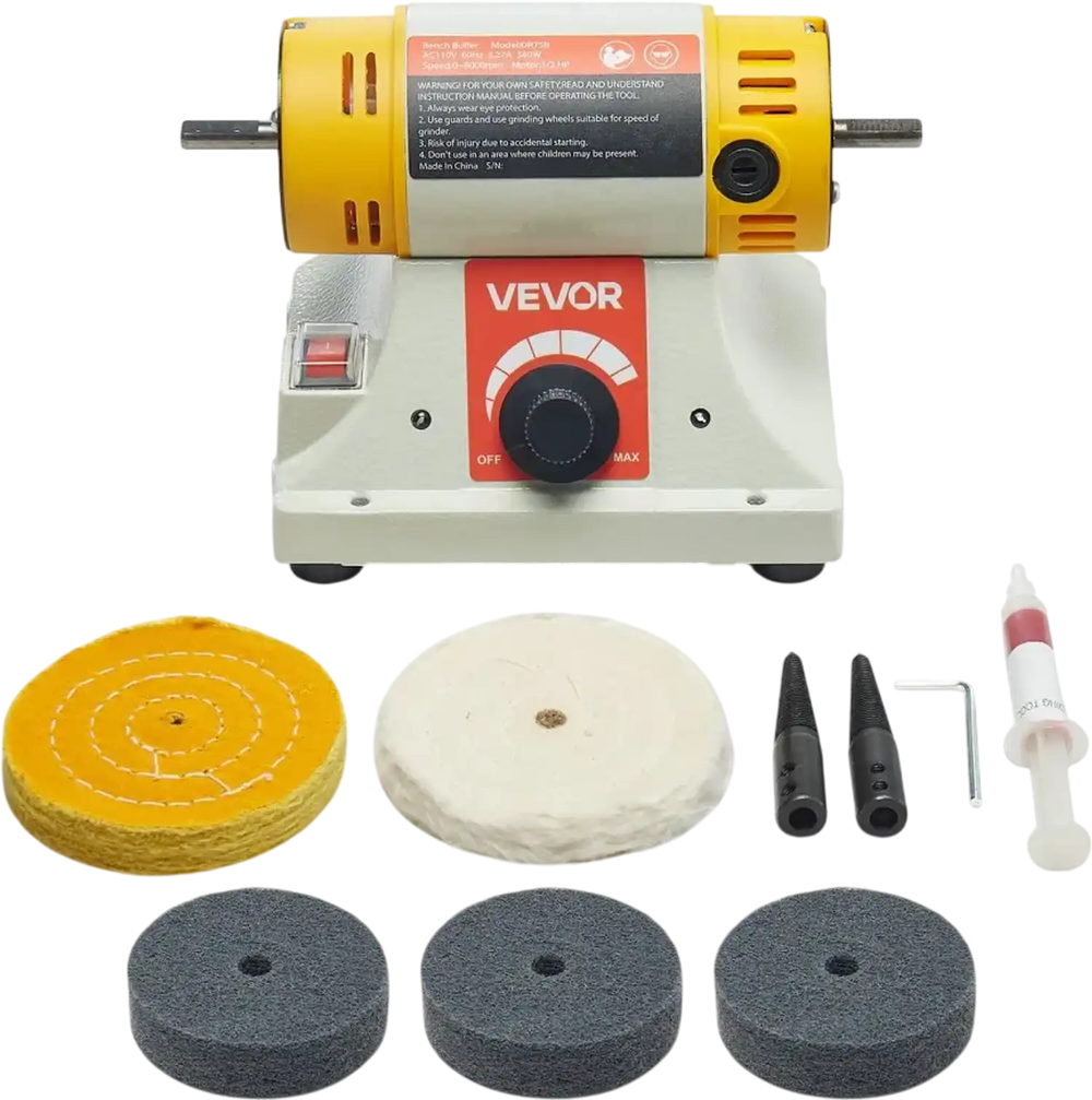 VEVOR Bench Buffer Polisher, 1/2HP Polishing and Buffing Machine, 0 to 8000RPM Benchtop Polisher with 2PCS 4" Cotton Wheel, 3PCS 3" Abrasive Fiber Wheels & Polishing Compound for Metal Jewelry Wood