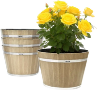 VEVOR Plant Pots, 4 Pack 11.81 inch Whiskey Barrel Planters with Drainage Holes, Large Outside Plastic Decoration Flower Pot Imitation Wine Barrel Design for Indoor Outdoor Garden Home Plants, Brown