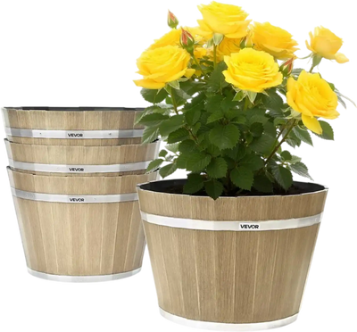 VEVOR Plant Pots, 4 Pack 11.81 inch Whiskey Barrel Planters with Drainage Holes, Large Outside Plastic Decoration Flower Pot Imitation Wine Barrel Design for Indoor Outdoor Garden Home Plants, Brown