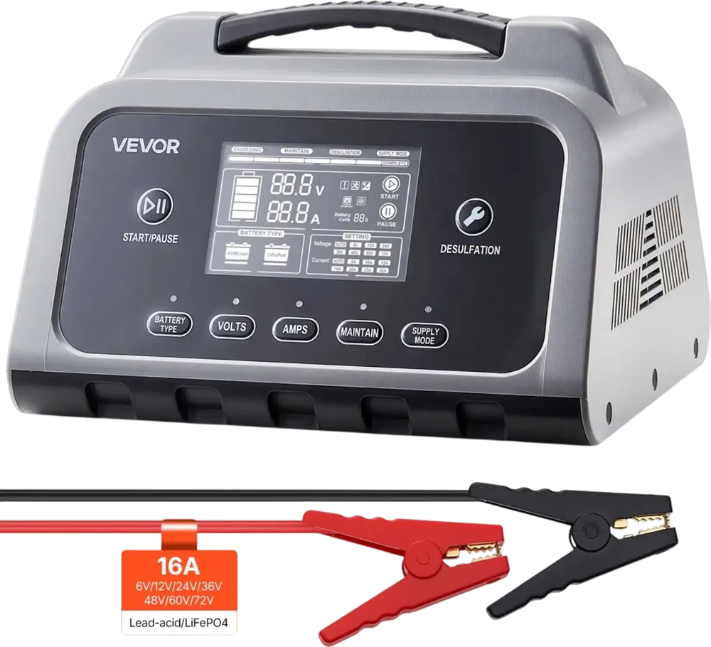VEVOR Smart Battery Charger, 16A, 6V 12V 24V 36V 48V 60V 72V Lithium LiFePO4 Lead-Acid (Gel/AGM) Car Battery Charger, with LCD Display, Trickle Charging Maintainer Desulfator, for Car Boat Motorcycle