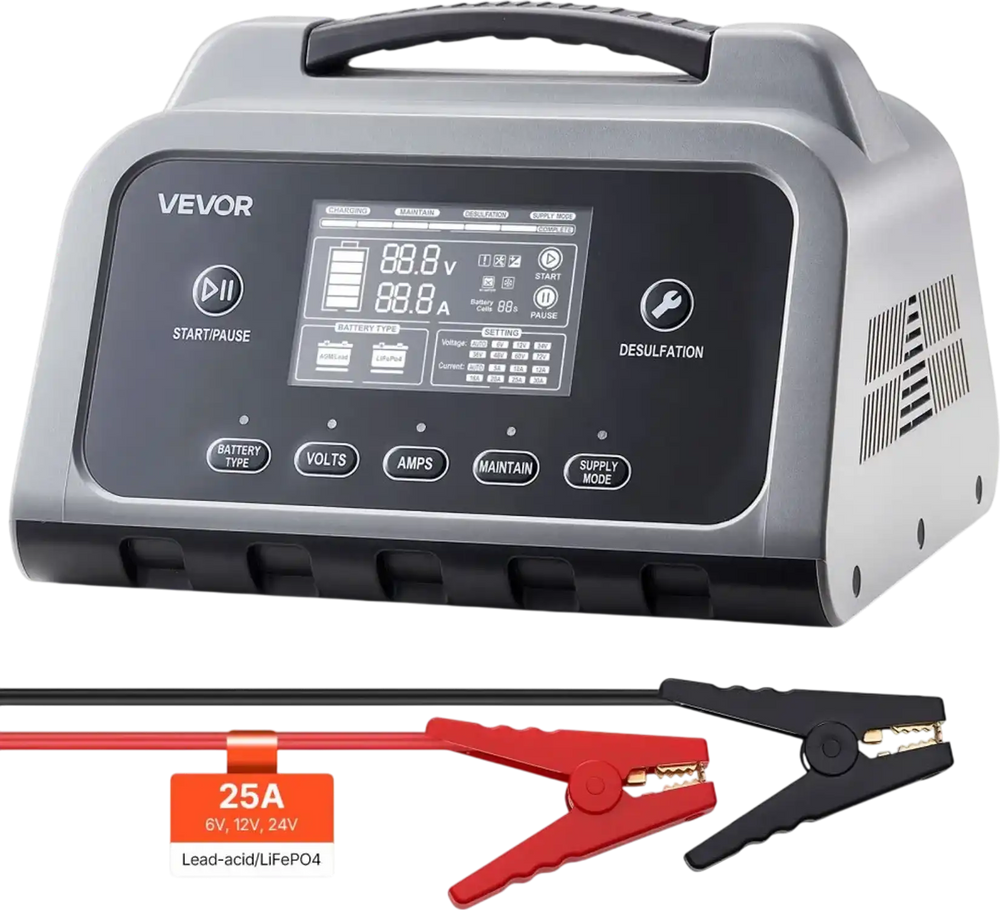 VEVOR Smart Battery Charger, 25A, 6V 12V 24V Lithium LiFePO4 Lead-Acid (Gel/AGM) Car Battery Charger, with LCD Display, Trickle Charging Maintainer Desulfator, for Car, Boat, Motorcycle, Lawn Mowers