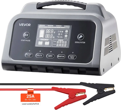 VEVOR Smart Battery Charger, 25A, 6V 12V 24V Lithium LiFePO4 Lead-Acid (Gel/AGM) Car Battery Charger, with LCD Display, Trickle Charging Maintainer Desulfator, for Car, Boat, Motorcycle, Lawn Mowers