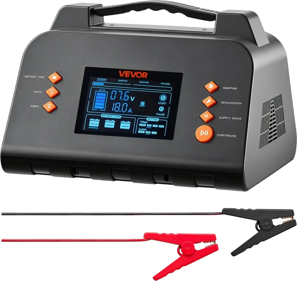 VEVOR Smart Battery Charger 25A 6V 12V 24V for Lithium LiFePO4 Lead-Acid, Compatible with Cars Motorcycles Mid-Size RVs, Trickle Charging Maintainer Desulfator, Charger with 3.8 Inch LCD Display