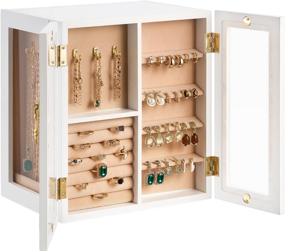 VEVOR Jewelry Box, 360° Rotating Jewelry Organizer with 5 Drawers, Acrylic Window, 4 Necklace Hooks on Each Side, Spacious Storage Case with Metal Handles, Bottom Pad and Soft Velvet Lining, White