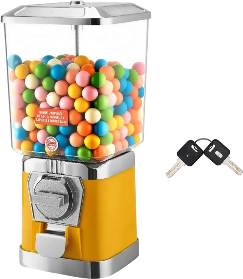 VEVOR Gumball Machine for Kids, 17"H Home Candy Vending Machine, PC Gumball Dispenser, Bubble Gum Machine for Game Stores, Coin Operated Gumball Bank for Toy Capsules Bouncy Balls Candy, Yellow