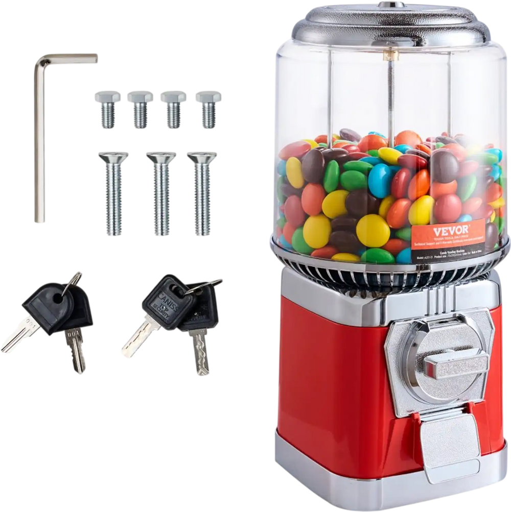 VEVOR Gumball Machine for Kids, 16"H Home Candy Vending Machine, PC Round Gumball Dispenser, Bubble Gum Machine for Game Stores, Coin Operated Gumball Bank for Toy Capsules Bouncy Balls Candy, Red