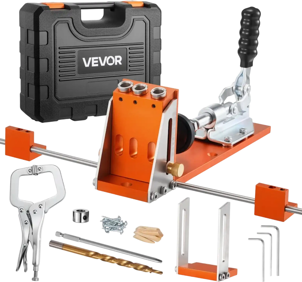 VEVOR Pocket Hole Jig Kit, 1/2 to 1-1/2 in Adjustable, Jig Pocket Hole System with Toolcase, C-Clamp, Step Drill, Hex Wrench, Drill Stop Ring, Square Drive Bit, Reinforced Metal Frame, for Woodworking