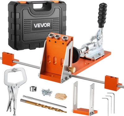 VEVOR Pocket Hole Jig Kit, 1/2 to 1-1/2 in Adjustable, Jig Pocket Hole System with Toolcase, C-Clamp, Step Drill, Hex Wrench, Drill Stop Ring, Square Drive Bit, Reinforced Metal Frame, for Woodworking