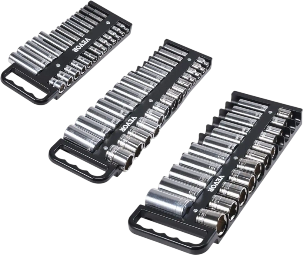 VEVOR Portable Socket Organizer Tray, 3-Piece Metric & SAE Socket Organizer Set, 1/4'', 3/8'' and 1/2'' Heavy-Duty Socket Holder with Handle & Magnetic Base for Tool Box Drawer, Hold up to 76 Sockets