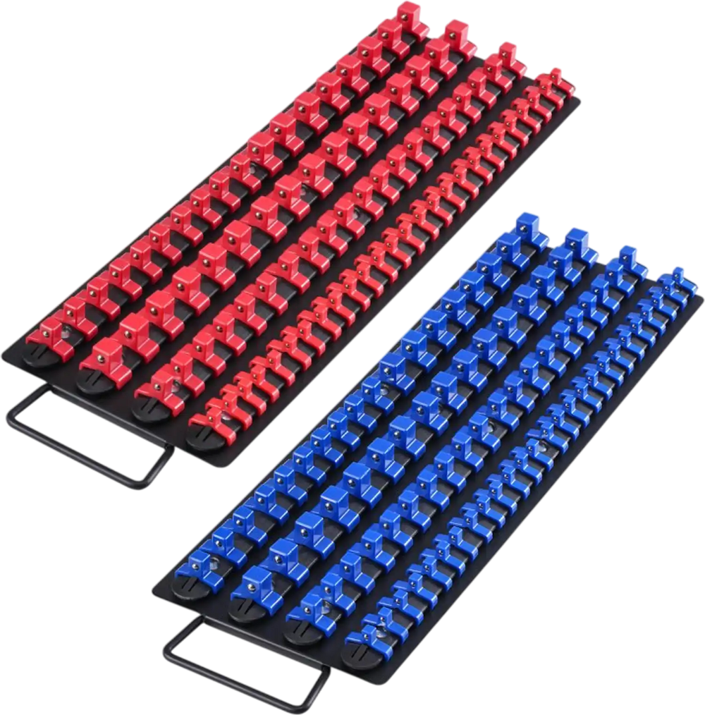 VEVOR Portable Socket Organizer Tray, 2PCS Metric & SAE Socket Organizer Set Hold up to 160 Sockets, 1/4", 3/8" and 1/2" Heavy-Duty Socket Rail with Handle & Steel Base for Tool Box Drawer
