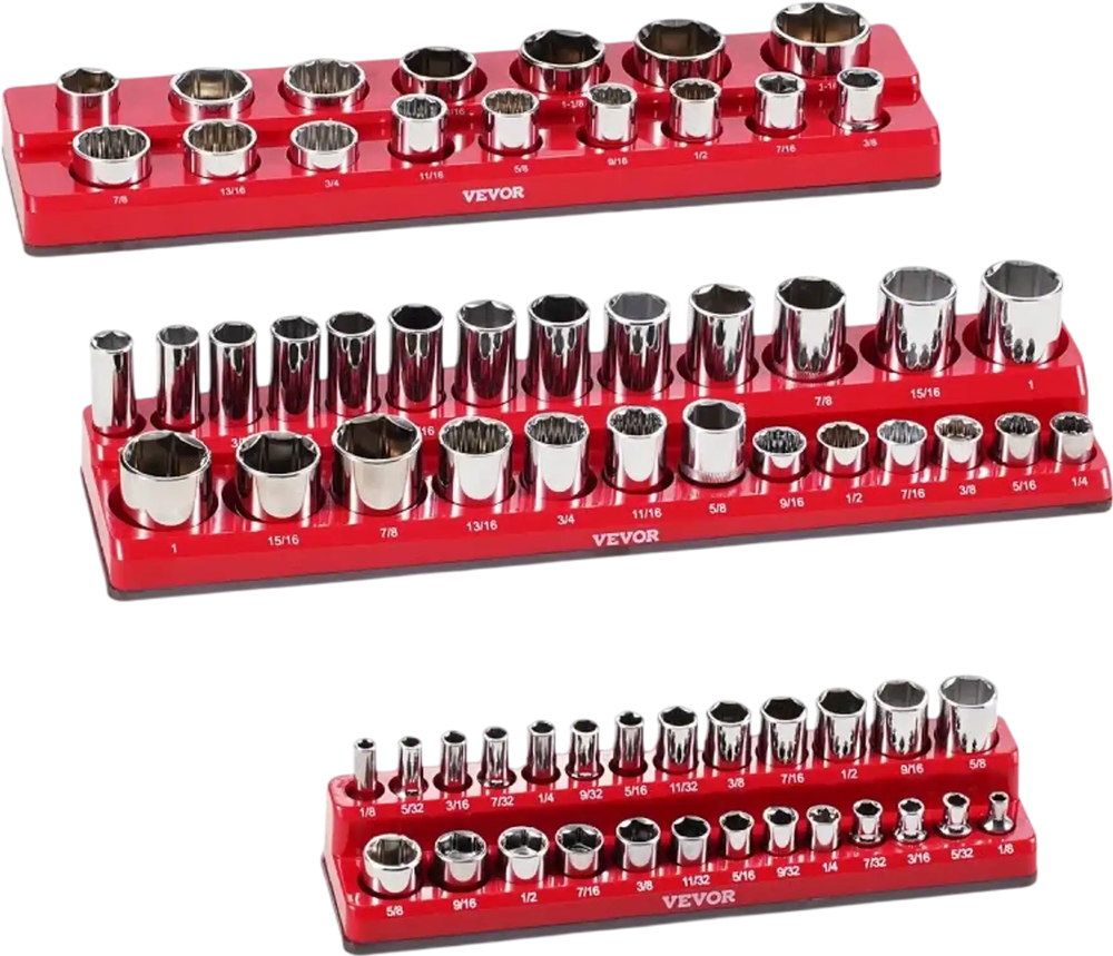 VEVOR Magnetic Socket Organizer Set, 3PCS Magnetic Socket Holder, 1/4'', 3/8'' & 1/2'' SAE Socket Trays with Clear Labels, Hold up to 68PCS Standard & Deep Sockets, Red (Sockets Not Included)