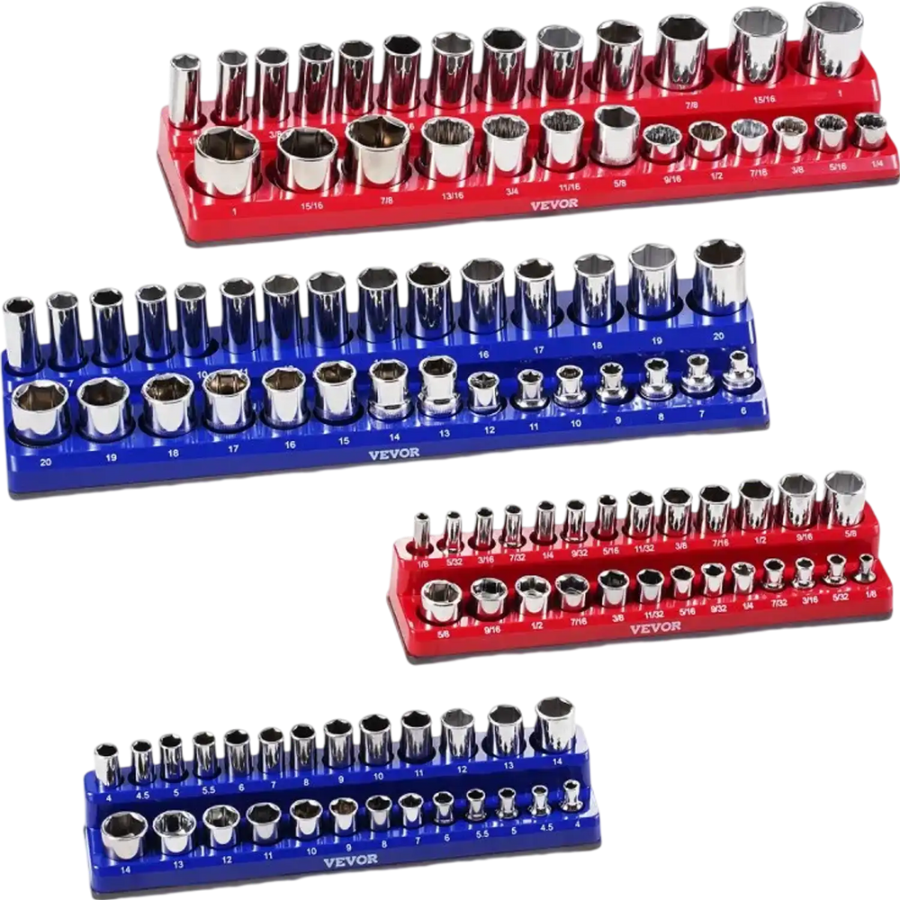 VEVOR Magnetic Socket Organizer Set, 4PCS Magnetic Socket Holder, 1/4'' & 3/8'' Metric SAE Socket Trays with Clear Labels, Hold up to 108PCS Standard & Deep Sockets, Blue & Red (Sockets Not Included)