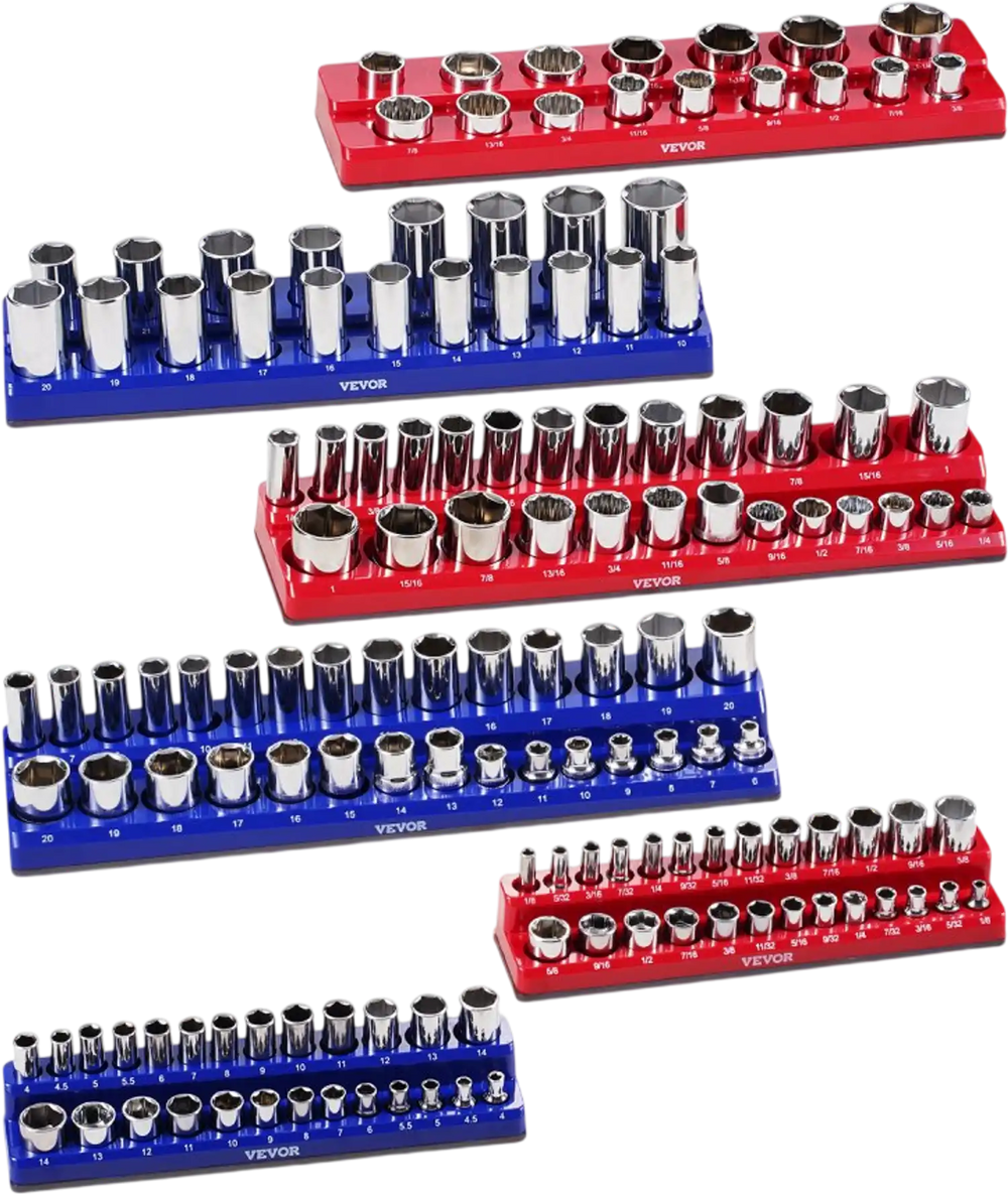 VEVOR Magnetic Socket Organizer Set, 6PCS Socket Holder, 1/4'', 3/8'' & 1/2'' Metric SAE Socket Trays with Clear Labels, Hold up to 143PCS Standard & Deep Sockets, Blue & Red (Sockets Not Included)