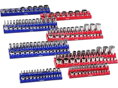 VEVOR Magnetic Socket Organizer Set, 8PCS Socket Holder, 1/4'', 3/8'' & 1/2'' Metric SAE Socket Trays with Clear Labels, Hold up to 199PCS Standard & Deep Sockets, Blaue & Red (Sockets Not Included)