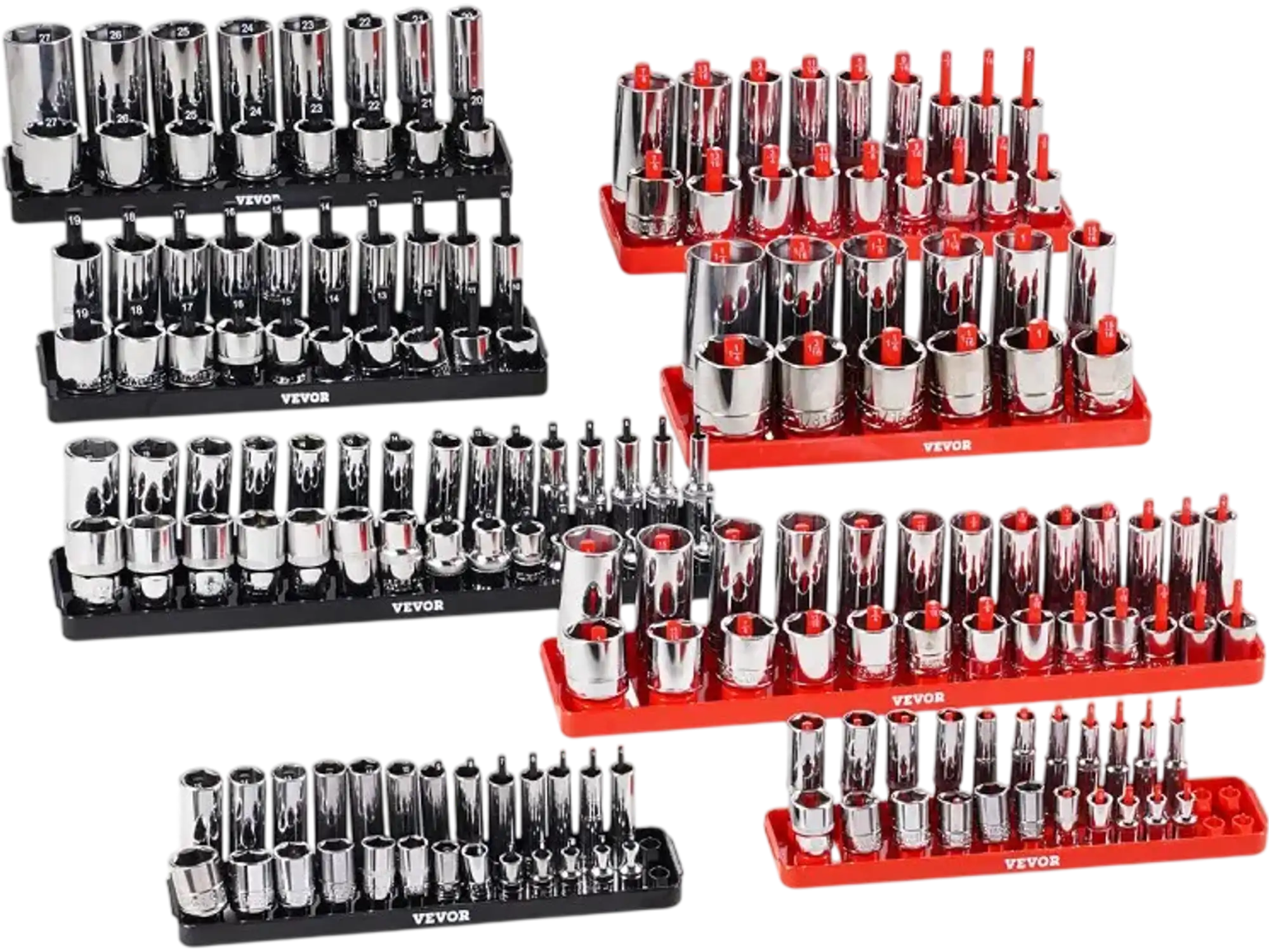 Vevor Socket Organizer Set High-Rod Metric SAE 8-Pc 176-Slot Black Red New