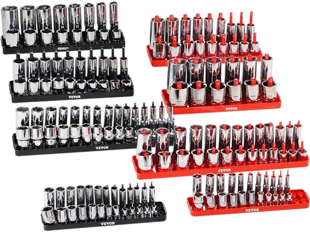 VEVOR Socket Organizer Set, 8PCS High-Rod Socket Holder, 1/4'', 3/8'' & 1/2'' Metric SAE Socket Trays with Clear Labels, Hold up to 176PCS Standard & Deep Sockets, Black & Red (Socket Not Included)