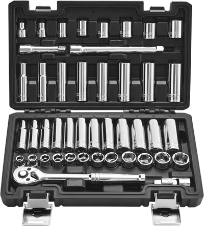 VEVOR Socket Set, 44 Pieces, 3/8 inch Drive Socket and Ratchet Set, SAE and Metric, Deep and Shallow, Mechanic Tool Kit with Accessories and Storage Case, CR-V Alloy Steel, for Automotive Repair