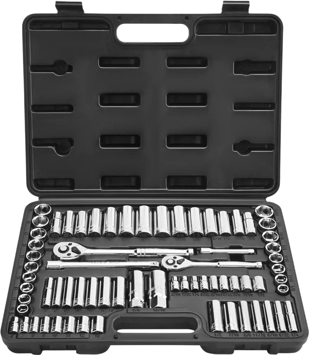 VEVOR Socket Set, 69 Pieces, 3/8 & 1/4 inch Drive Socket and Ratchet Set, SAE and Metric, Deep and Standard, Mechanic Tool Kit with Accessories and Storage Case, CR-V Alloy Steel, for Auto Repair