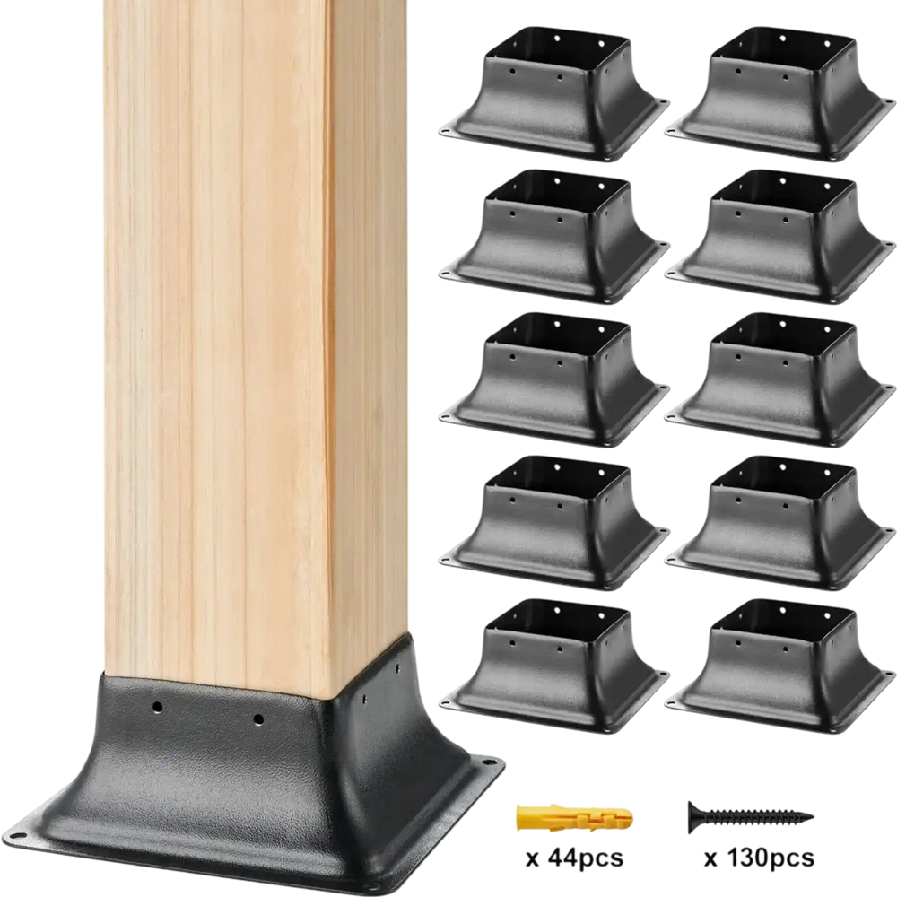 VEVOR Post Base 4x4 10Pcs, Internal 3.6"x3.6" Heavy Duty Powder-Coated Steel Post Bracket Fit for Standard Wood Post Anchor, Decking Post Base for Deck Porch Handrail Railing Support