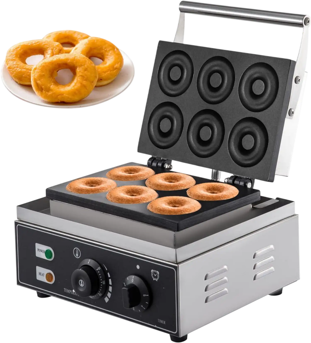 VEVOR 110V Commercial Waffle Donut Machine 6 Holes Double-Sided Heating 50-300℃, Electric Doughnut Maker 1550W, Non-stick Donut MakerTeflon-Coating for Professional Kitchen (Depth:0.55\",Dia:2.95\")