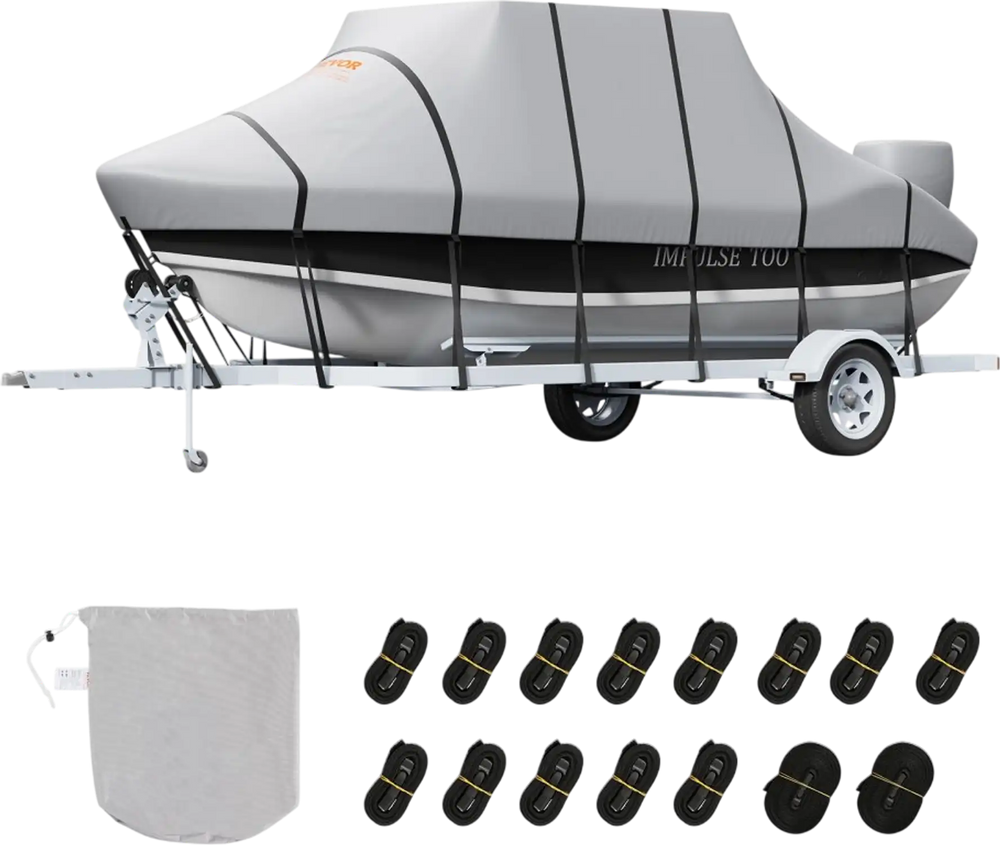 VEVOR T Top Boat Cover, 20'-22' Waterproof Trailerable T-Top Boat Cover, 600D Marine Grade PU Oxford, with Windproof Buckle Straps, for Center Console Boat with T Top Roof, Fits 20'-22'L x 106"W, Grey