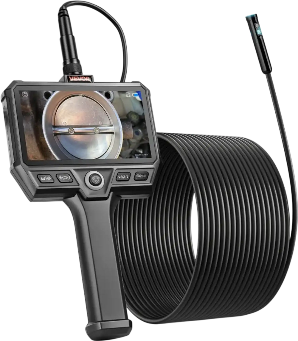 VEVOR Triple Lens Endoscope with 32.8FT Newly Ultra-Rigid Cable, Industrial Borescope with Light, 5" HD IPS Screen, 8 + 2 Lights, 8X Zoom, 5000mAh, IP67 Waterproof Snake Camera for Auto, Plumbing
