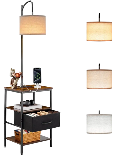VEVOR Floor Lamp with Table, 3-Tier End Table with Drawer and 3 Color Temperature Lighting, Modern Side Nightstand Bedside Desk with USB & Type C & AC Charging Port for Living Room, Bedroom, Dorm