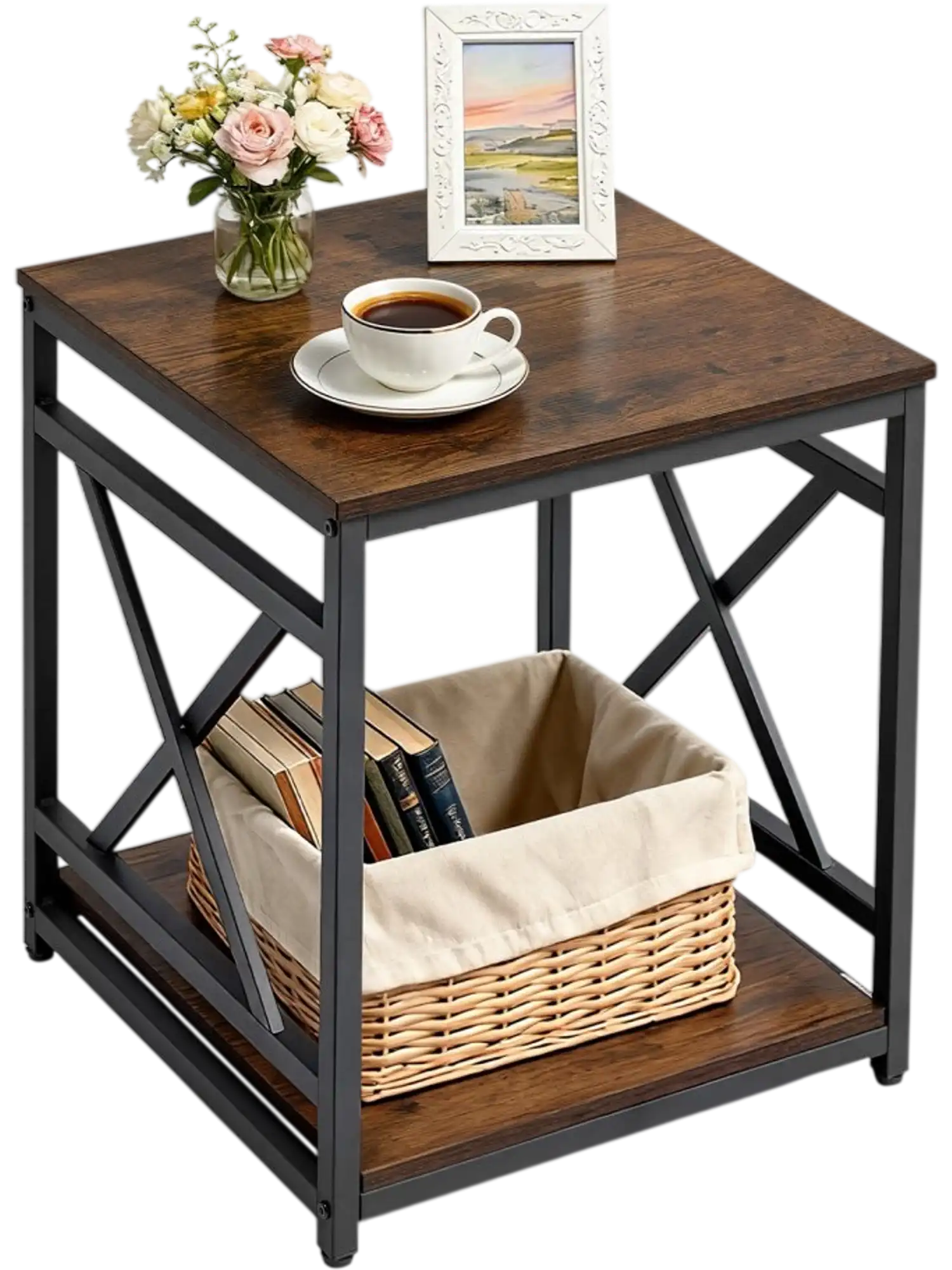 Vevor End Table 2-Tier Square Side Table with Open Storage Shelves Brown New