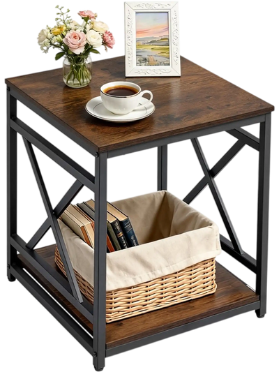 VEVOR End Table, 2-Tier Square Side Table with Open Storage Shelves, Modern Nightstand Bedside Desk with X-Design Metal Frame, Wood Sofa Coffee Desk for Living Room, Bedroom, Office, Dorm, Brown