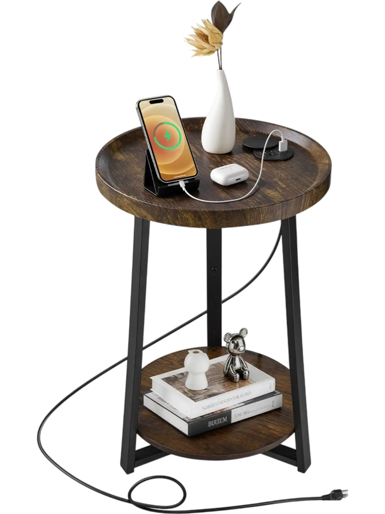 Vevor End Table 2-Tier Round Side Table with USB & AC Charging Port Brown New