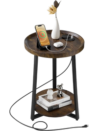 VEVOR End Table, 2-Tier Round Side Table with Open Storage Shelves, Modern Nightstand Bedside Desk with USB & AC Charging Port, Wood Sofa Coffee Desk for Living Room, Bedroom, Office, Dorm, Brown