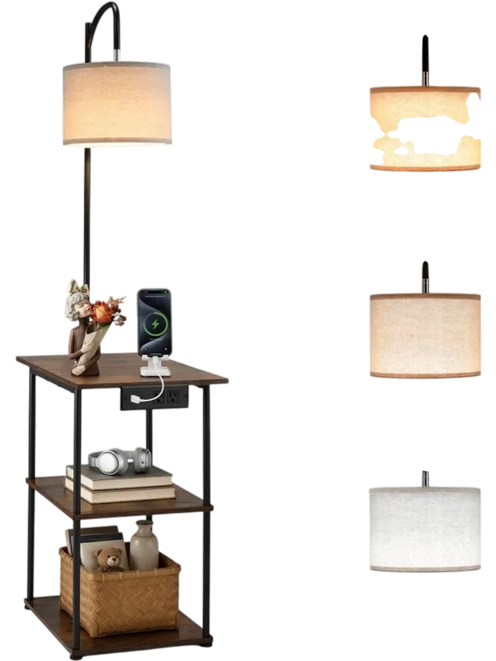 VEVOR Floor Lamp with Table, Narrow 3-Tier End Table with Open Shelves & 3 Color Temperature Lighting, Side Nightstand Bedside Desk with USB & Type C & AC Charging Port for Living Room, Bedroom, Dorm